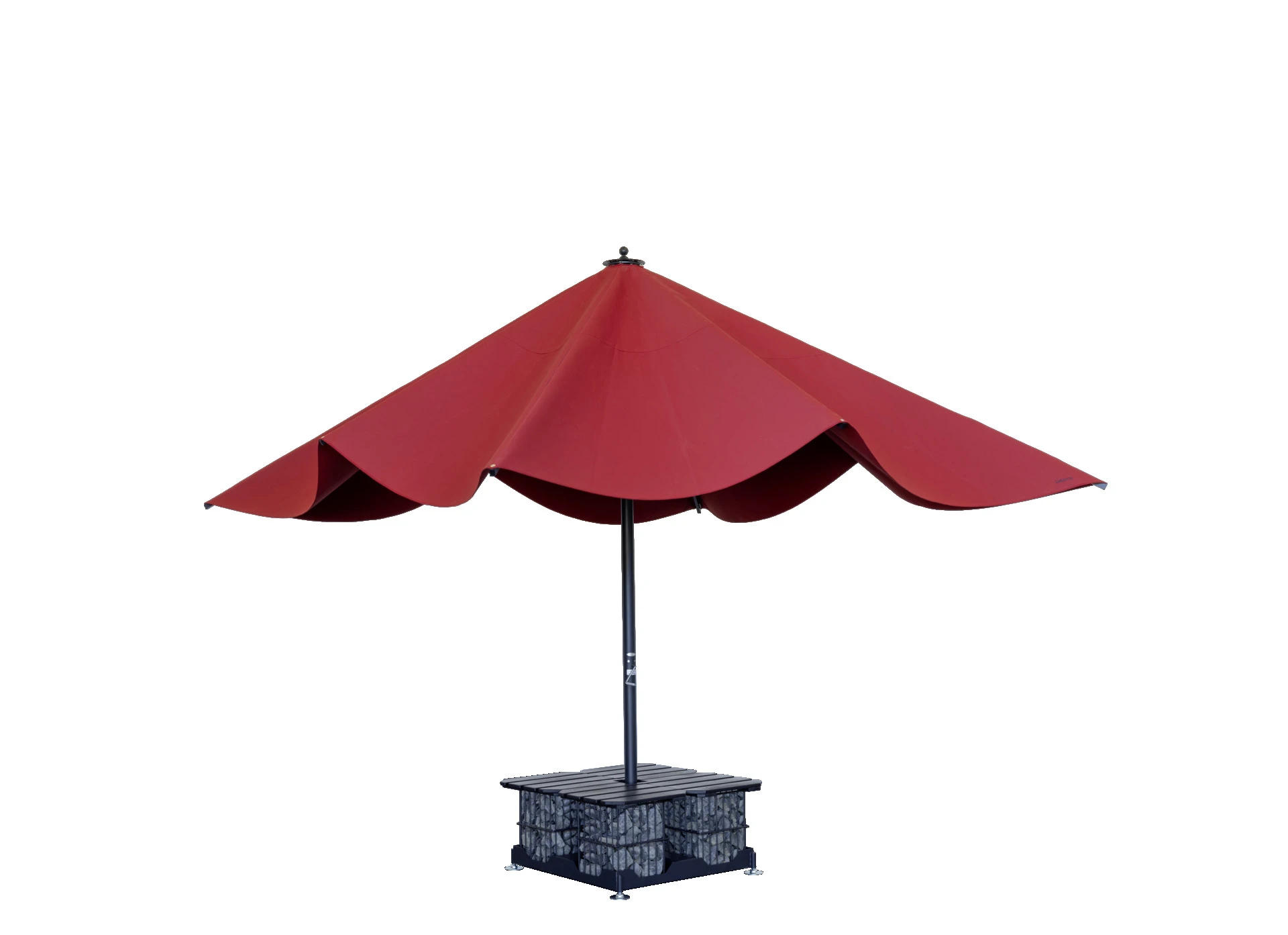 Roter Sonnenschirm mit stabilem Steinfuß