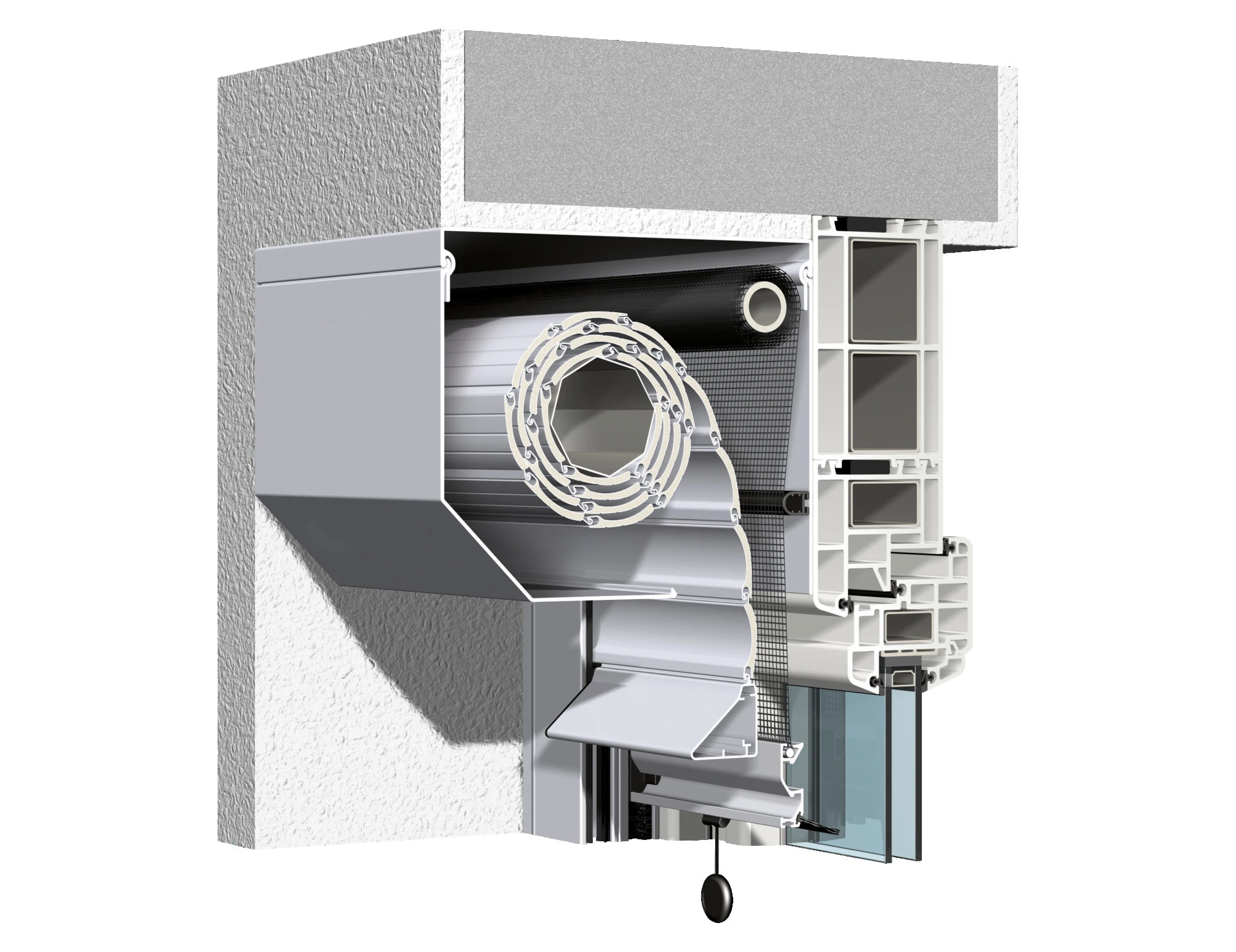 Querschnitt eines modernen Rollladenkastens in einer Fensterinstallation
